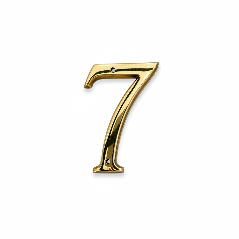 A polished gold house number 7 with a reflective metallic finish, shown on a clean white background.