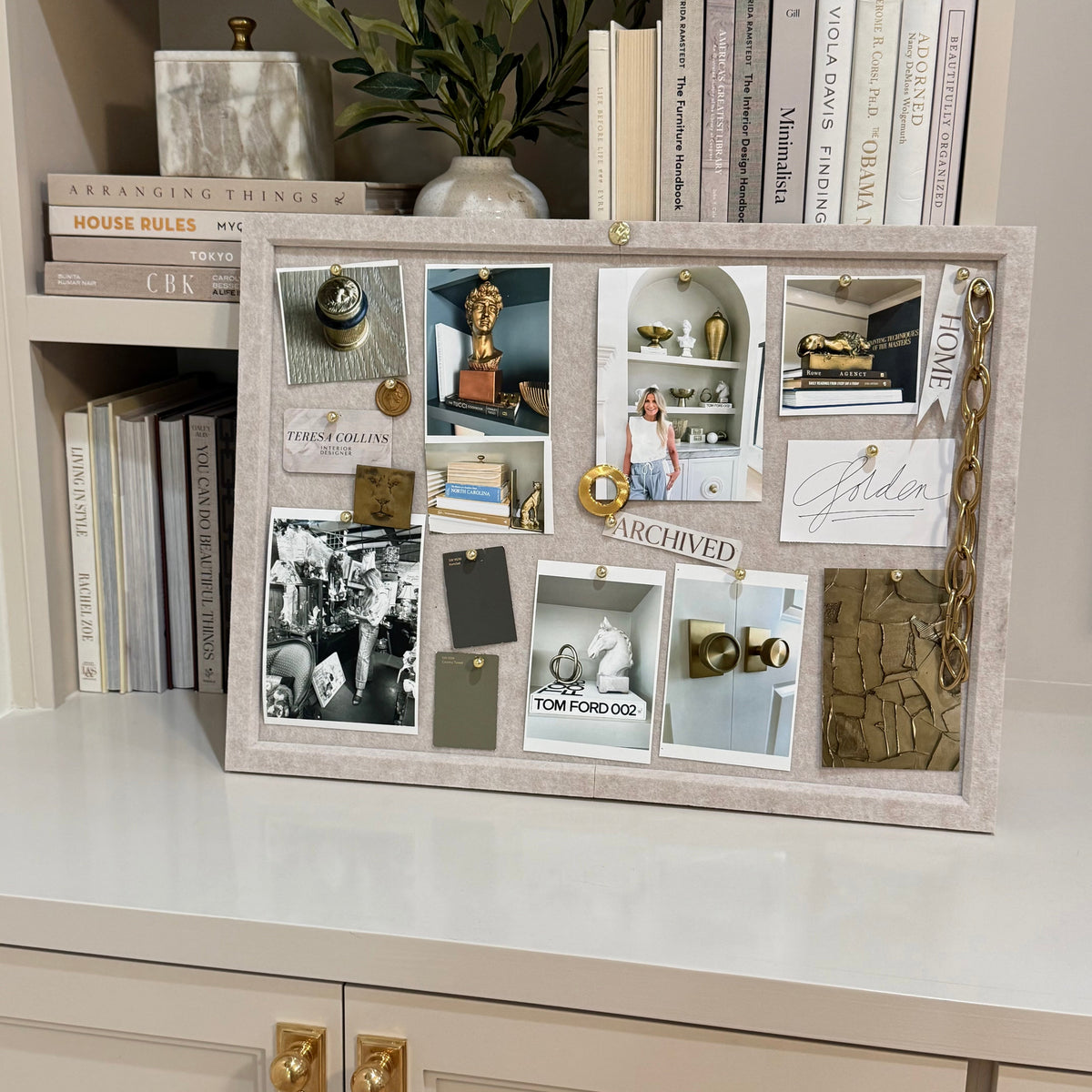 Capri beige felt message pin board styled in Teresa’s home
