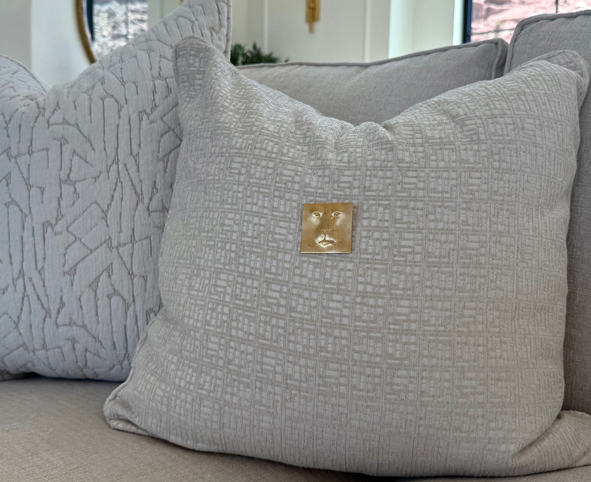 Square Lion Face Pin styled in Teresa’s home